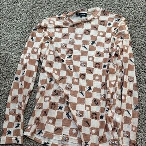 Buckle Brown and White Checkered Mesh Long Sleeve Top